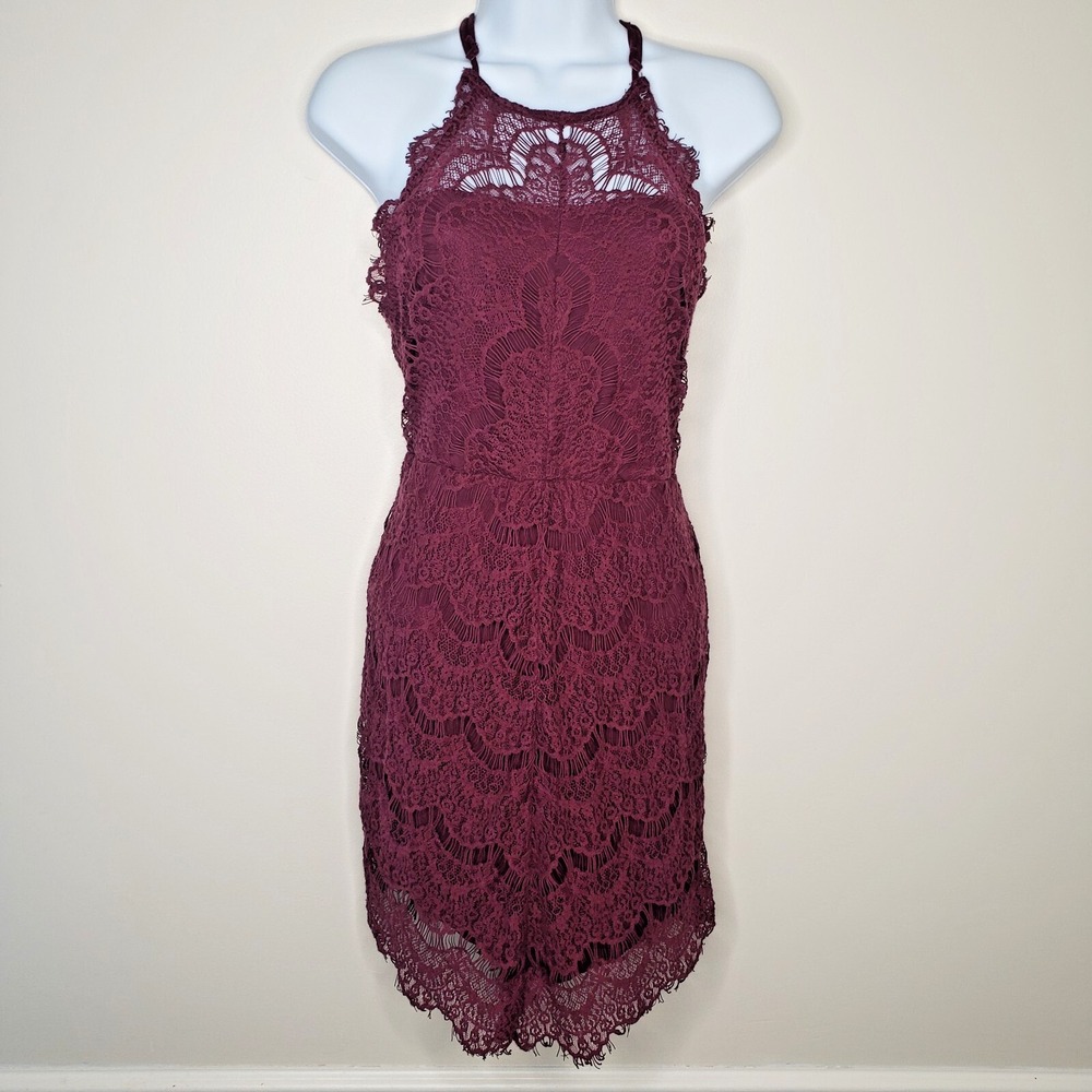 Free People Wine Crochet Halter Mini Dress